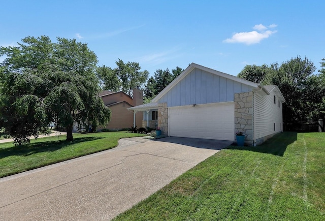8547 Seabright Dr, Powell, OH 43065 - view of front of property with board and batten siding, an attached garage, stone siding, a front lawn, and driveway