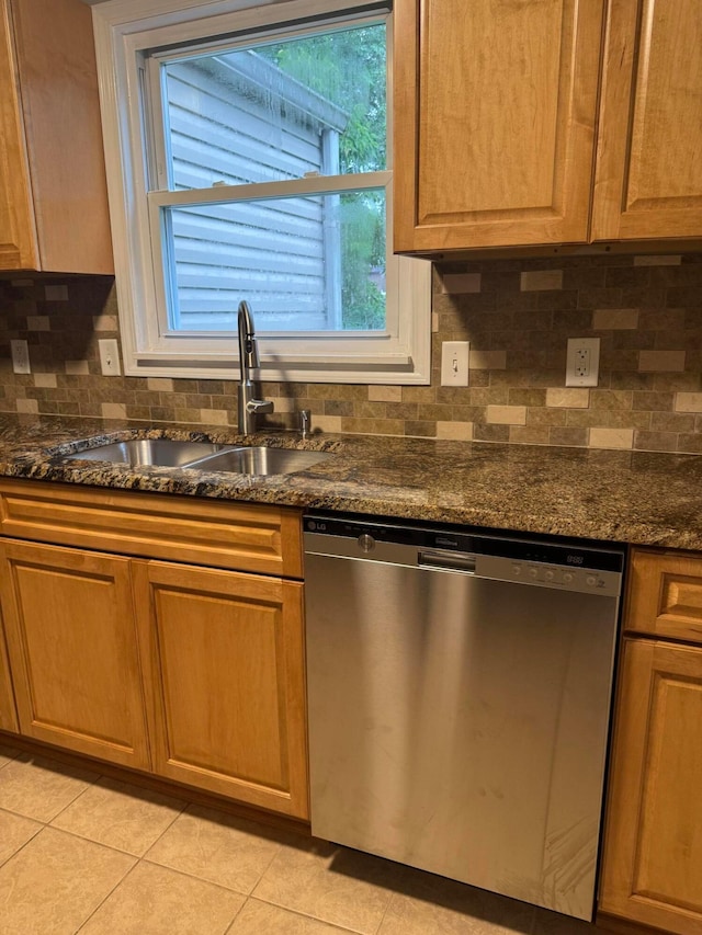5542 Emerson Ave, Worthington, OH 43085 - kitchen featuring stainless steel dishwasher, light tile patterned flooring, decorative backsplash, and dark stone counters