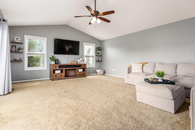 2063 Hayer Ct, Lewis Center, OH 43035 - carpeted living room with a ceiling fan and vaulted ceiling