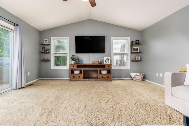 2063 Hayer Ct, Lewis Center, OH 43035 - living area with ceiling fan, carpet, lofted ceiling, and healthy amount of natural light