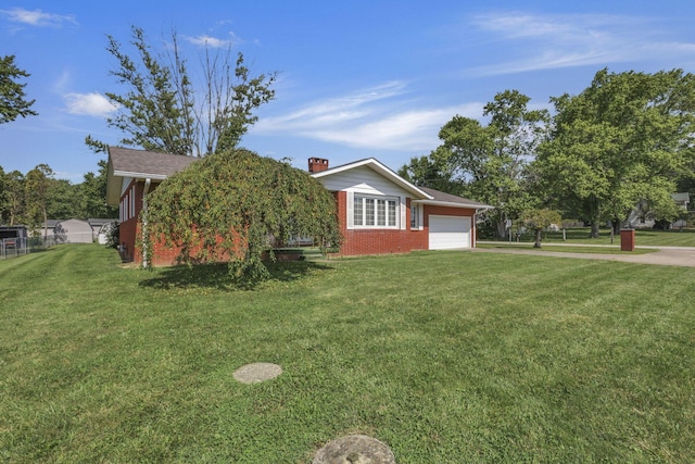 19 Kirby Rd, Heath, OH 43056 - view of front of property with a garage, a front lawn, driveway, brick siding, and a chimney