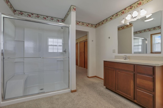 19 Kirby Rd, Heath, OH 43056 - bathroom featuring carpet flooring, a stall shower, and vanity
