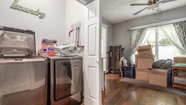 467 Mount Vernon Rd, Newark, OH 43055 - laundry area featuring washer and clothes dryer, a ceiling fan, dark wood-style floors, and a textured ceiling