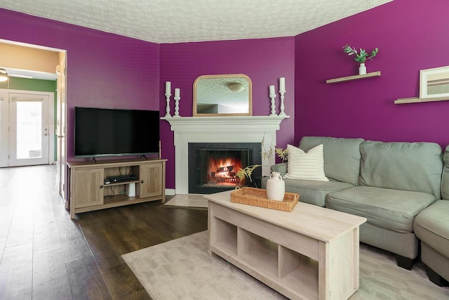 6447 Cranston Way Unit 19, Dublin, OH 43017 - living room with wood finished floors, a warm lit fireplace, and a textured ceiling