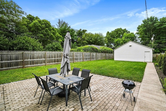 1867 Bryden Rd, Columbus, OH 43205 - fenced backyard featuring a patio area, outdoor dining area, area for grilling, and an outbuilding