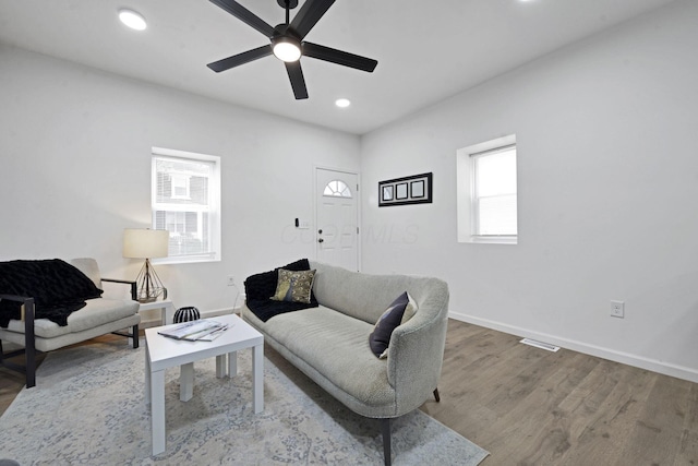 863 Carpenter St, Columbus, OH 43206 - living room with wood finished floors, ceiling fan, and recessed lighting