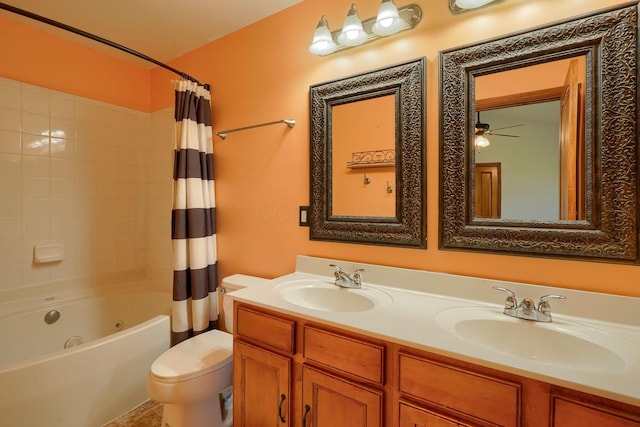 5700 Boucher Dr, Orient, OH 43146 - full bathroom featuring double vanity, shower / bath combo, and a ceiling fan