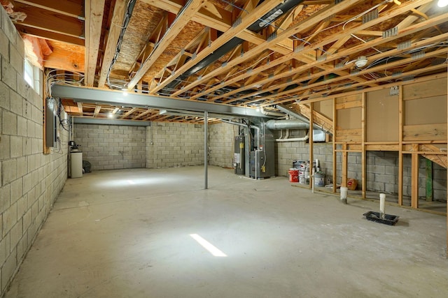 5700 Boucher Dr, Orient, OH 43146 - unfinished basement with gas water heater, electric panel, concrete block wall, heating unit, and a water softener system
