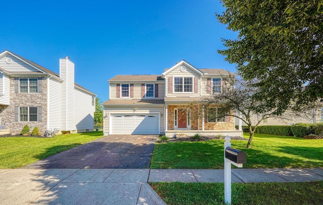 5700 Boucher Dr, Orient, OH 43146 - traditional home with driveway, a front yard, a garage, stone siding, and a porch