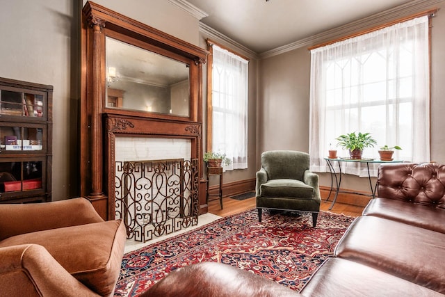 1412 Bryden Rd, Columbus, OH 43205 - sitting room with crown molding, wood finished floors, and a large fireplace