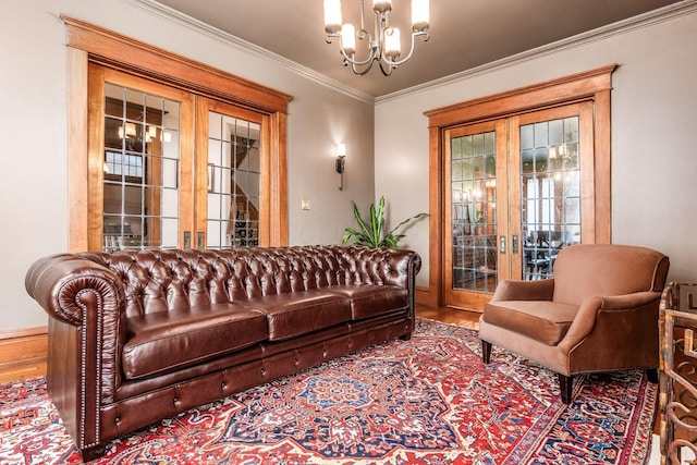 1412 Bryden Rd, Columbus, OH 43205 - living area with a chandelier, crown molding, wood finished floors, and french doors
