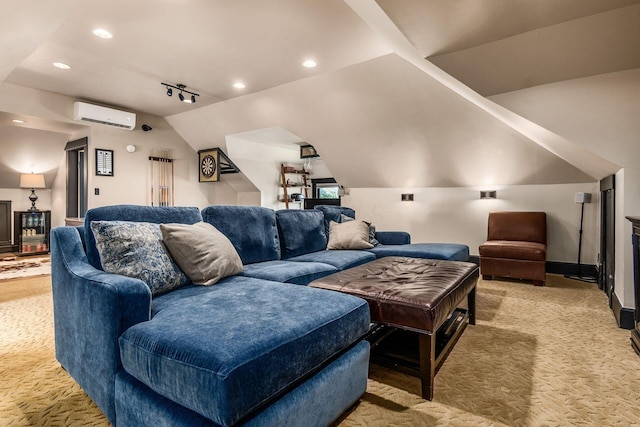 1412 Bryden Rd, Columbus, OH 43205 - cinema room with a wall unit AC, light carpet, vaulted ceiling, and recessed lighting
