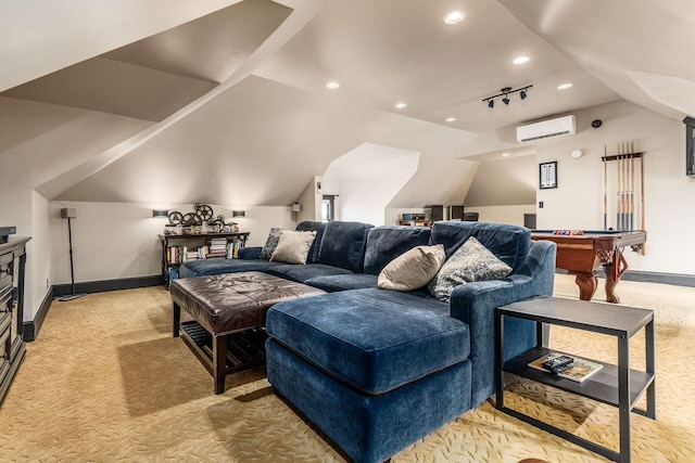 1412 Bryden Rd, Columbus, OH 43205 - cinema with an AC wall unit, light carpet, recessed lighting, billiards, and vaulted ceiling