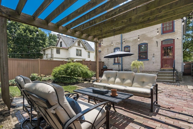 1412 Bryden Rd, Columbus, OH 43205 - view of patio with outdoor lounge area, entry steps, and a pergola