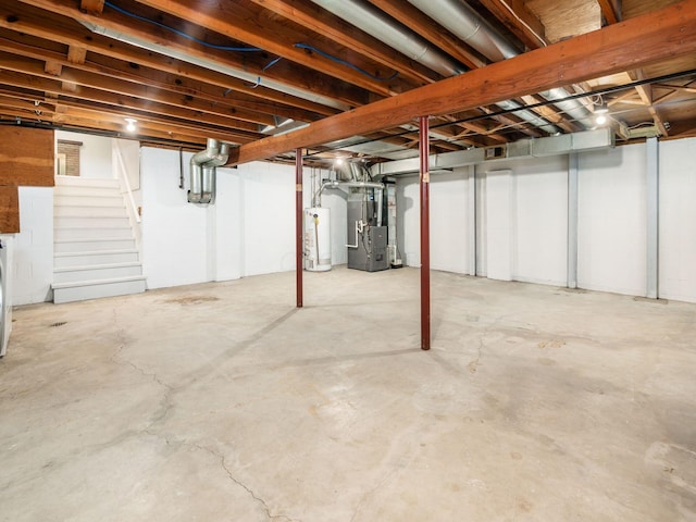 6019 Beechcroft Rd, Columbus, OH 43229 - unfinished basement featuring gas water heater, heating unit, and stairway