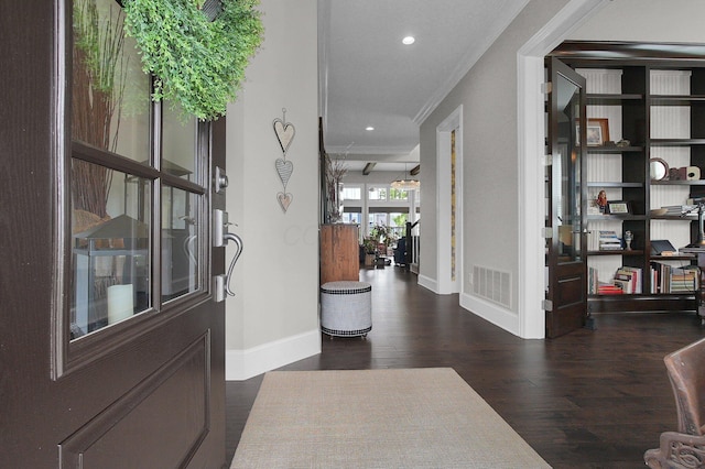 7211 Craigens Ct, Plain City, OH 43064 - foyer entrance featuring wood finished floors, recessed lighting, and crown molding