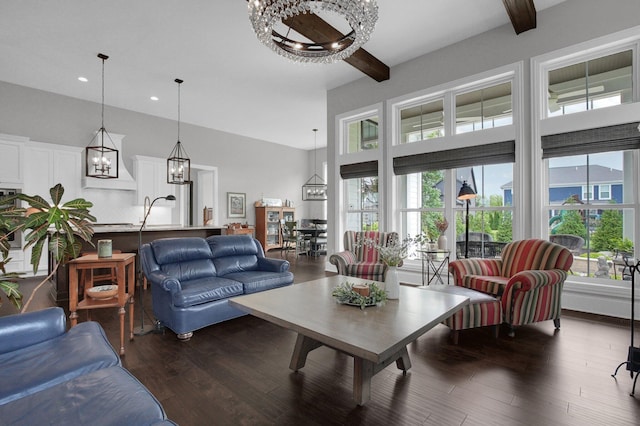 7211 Craigens Ct, Plain City, OH 43064 - living room featuring beam ceiling, dark wood-type flooring, recessed lighting, a chandelier, and a towering ceiling