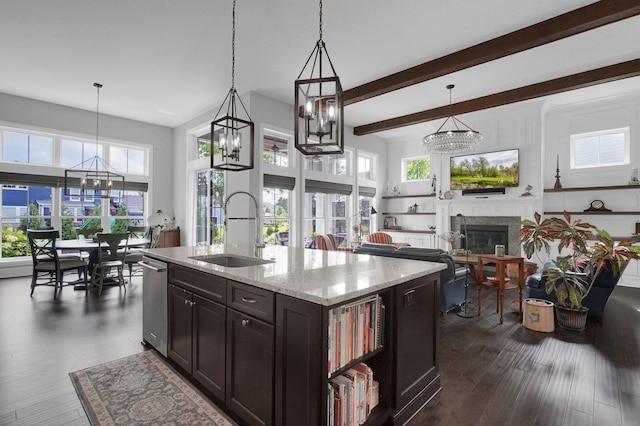 7211 Craigens Ct, Plain City, OH 43064 - kitchen with a chandelier, plenty of natural light, dark wood finished floors, and beam ceiling