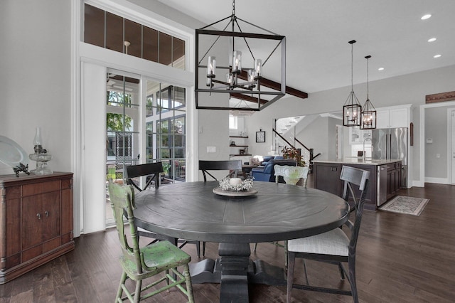 7211 Craigens Ct, Plain City, OH 43064 - dining space with a chandelier, stairway, recessed lighting, and dark wood-style floors