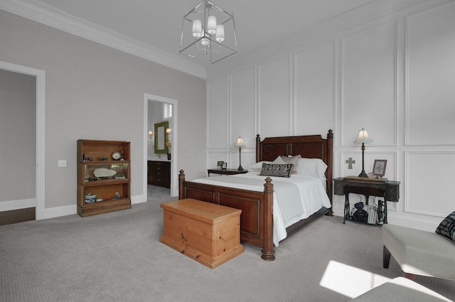 7211 Craigens Ct, Plain City, OH 43064 - bedroom with a decorative wall, a chandelier, light carpet, ornamental molding, and ensuite bathroom