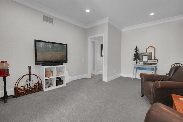 7211 Craigens Ct, Plain City, OH 43064 - carpeted living room featuring ornamental molding and recessed lighting