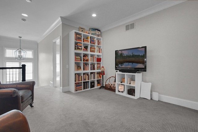 7211 Craigens Ct, Plain City, OH 43064 - living room featuring crown molding, carpet floors, a chandelier, and recessed lighting