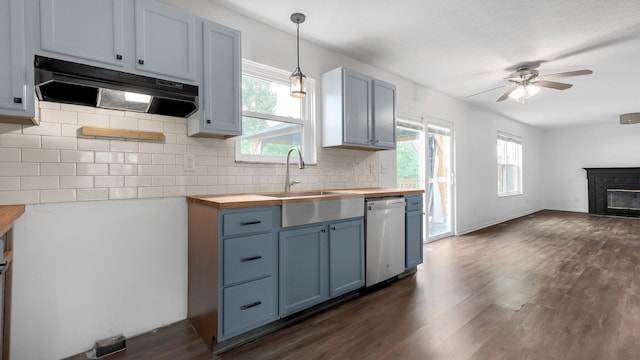 3099 Ambarwent Rd, Reynoldsburg, OH 43068 - kitchen featuring dishwasher, extractor fan, butcher block counters, dark wood-style flooring, and a ceiling fan