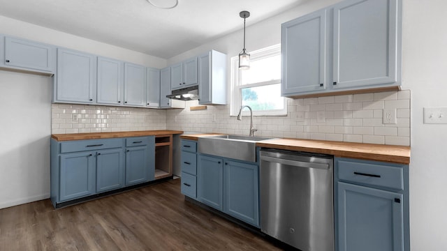 3099 Ambarwent Rd, Reynoldsburg, OH 43068 - kitchen featuring wooden counters, dishwasher, blue cabinets, dark wood-style flooring, and tasteful backsplash