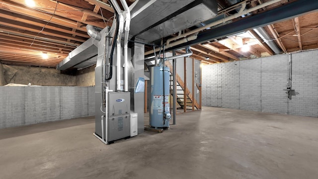 3099 Ambarwent Rd, Reynoldsburg, OH 43068 - unfinished basement with gas water heater, heating unit, and stairs