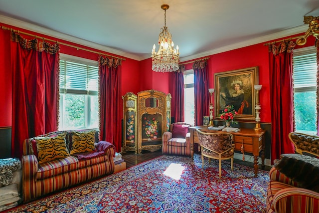 7394 Whitlind Ln, Athens, OH 45701 - sitting room featuring a chandelier, healthy amount of natural light, wood finished floors, and ornamental molding