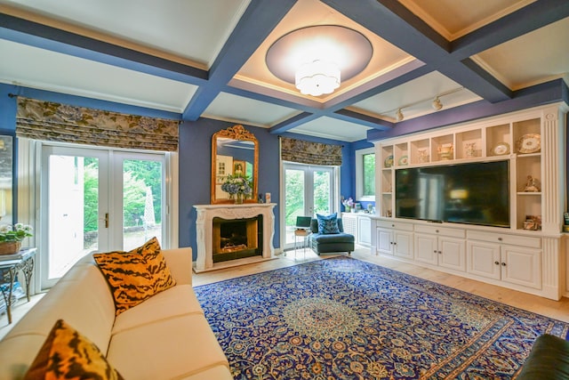 7394 Whitlind Ln, Athens, OH 45701 - living room with coffered ceiling, french doors, beamed ceiling, plenty of natural light, and a premium fireplace