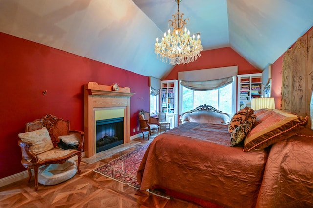 7394 Whitlind Ln, Athens, OH 45701 - bedroom with vaulted ceiling, a chandelier, and a fireplace
