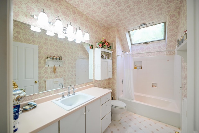 7394 Whitlind Ln, Athens, OH 45701 - bathroom with wallpapered walls, vanity, shower / bath combination with curtain, and a skylight