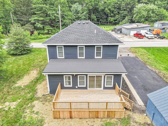 285 E Cherry St, Sunbury, OH 43074 - back of house with a yard, a wooded view, a wooden deck, and stairs