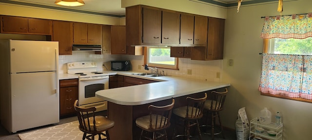 96 Summit St, Newark, OH 43055 - kitchen featuring white appliances, under cabinet range hood, light countertops, plenty of natural light, and crown molding