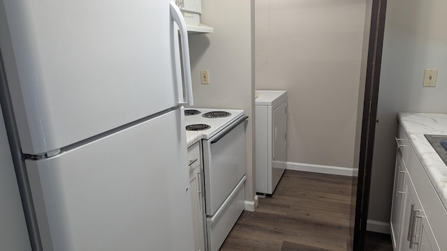 400 Forest Ln Unit 400, Richwood, OH 43344 - kitchen featuring white appliances, washer / clothes dryer, exhaust hood, dark wood-type flooring, and white cabinetry