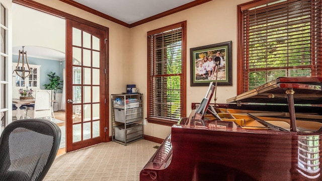 108 Hawks Cove Ct, Granville, OH 43023 - office featuring ornamental molding, arched walkways, carpet floors, french doors, and healthy amount of natural light