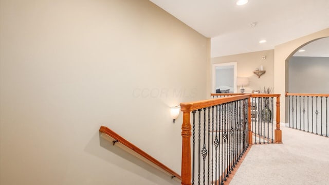 108 Hawks Cove Ct, Granville, OH 43023 - hall featuring an upstairs landing, recessed lighting, carpet, and arched walkways