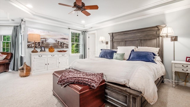 108 Hawks Cove Ct, Granville, OH 43023 - bedroom with carpet floors, crown molding, a tray ceiling, and a ceiling fan