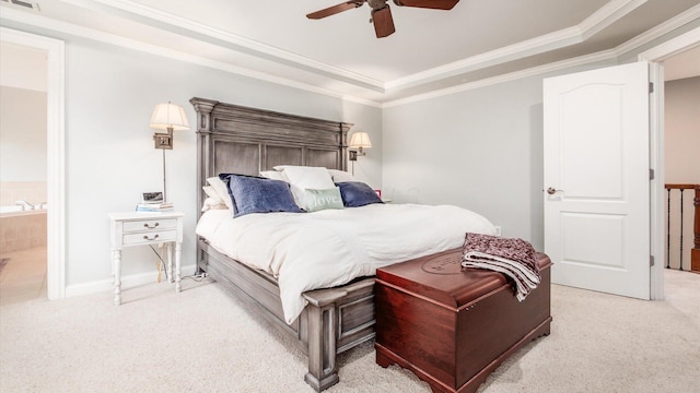 108 Hawks Cove Ct, Granville, OH 43023 - bedroom with light colored carpet, a raised ceiling, ornamental molding, ensuite bathroom, and ceiling fan