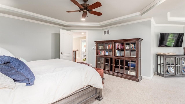 108 Hawks Cove Ct, Granville, OH 43023 - bedroom featuring light carpet, crown molding, a ceiling fan, and a tray ceiling