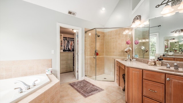 108 Hawks Cove Ct, Granville, OH 43023 - full bathroom featuring vanity, a shower stall, a bath, a spacious closet, and lofted ceiling
