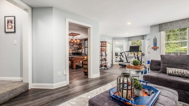 108 Hawks Cove Ct, Granville, OH 43023 - living area with wood finished floors, a chandelier, and recessed lighting
