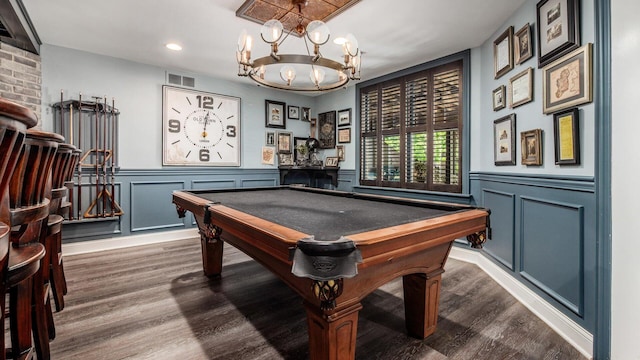 108 Hawks Cove Ct, Granville, OH 43023 - game room featuring recessed lighting, a chandelier, dark wood-style floors, billiards, and a wainscoted wall