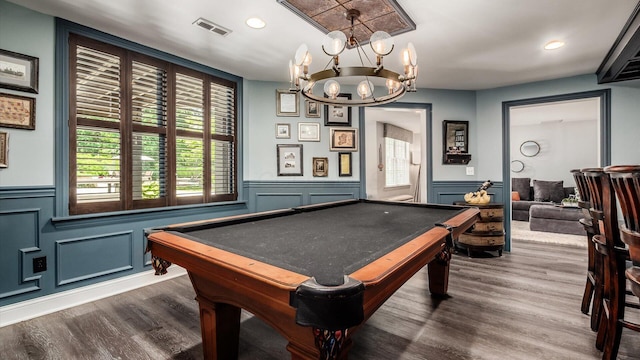 108 Hawks Cove Ct, Granville, OH 43023 - recreation room with pool table, wainscoting, a chandelier, dark wood finished floors, and recessed lighting