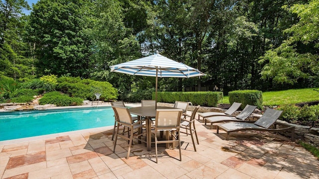 108 Hawks Cove Ct, Granville, OH 43023 - swimming pool with a patio, outdoor dining area, and view of scattered trees