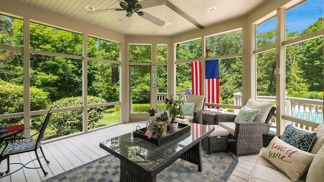 108 Hawks Cove Ct, Granville, OH 43023 - sunroom with a ceiling fan, an outdoor hangout area, and view of scattered trees