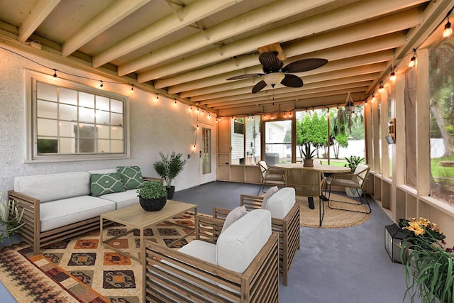 966 Larkstone Dr, Columbus, OH 43235 - sunroom featuring an outdoor living space, outdoor dining space, ceiling fan, and beam ceiling