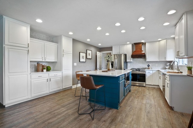 2500 Carriage Rd, Powell, OH 43065 - kitchen featuring stainless steel appliances, custom exhaust hood, blue cabinetry, white cabinetry, and wood finished floors