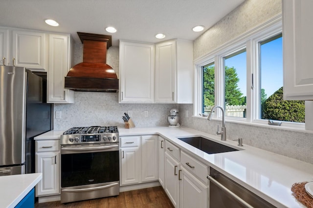 2500 Carriage Rd, Powell, OH 43065 - kitchen featuring appliances with stainless steel finishes, custom exhaust hood, light countertops, white cabinets, and decorative backsplash